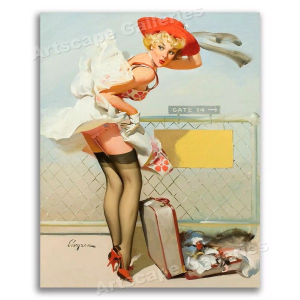 1960's Elvgren Pin-Up Poster "Up in the Air" Airport Runway
