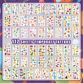 TatoYard 112 Sheets Mixed Fake Tattoos for Kids, Removable Temporary Tattoos Stickers for Girls Boys, Bulk Non Toxic Washable Tattoos for Party Favors Theme Birthday Decorations (Colorful)