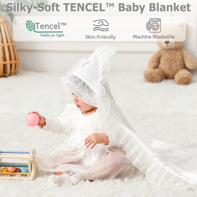 Pinuotu Silky Tencel Hooded Baptism Christening Blanket, Cross Gift, 40x40