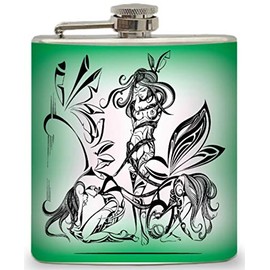 Hip Flask Holding 6 oz - Fairy in Tribal Design - Pocket Size, Stainless Steel, Leak Proof, Screw-On Cap - Green, Black, and White Wrapped Vinyl Finish - Black Gift Box Included