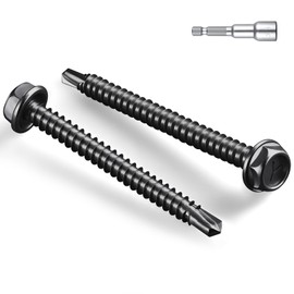 BNUOK #14 x 3 Inch Self Drilling Screws, (27pcs) 1 lbs Black Self Tapping Screws for Metal, 410 Stainless Steel Hex Washer Head Sheet Metal Screws