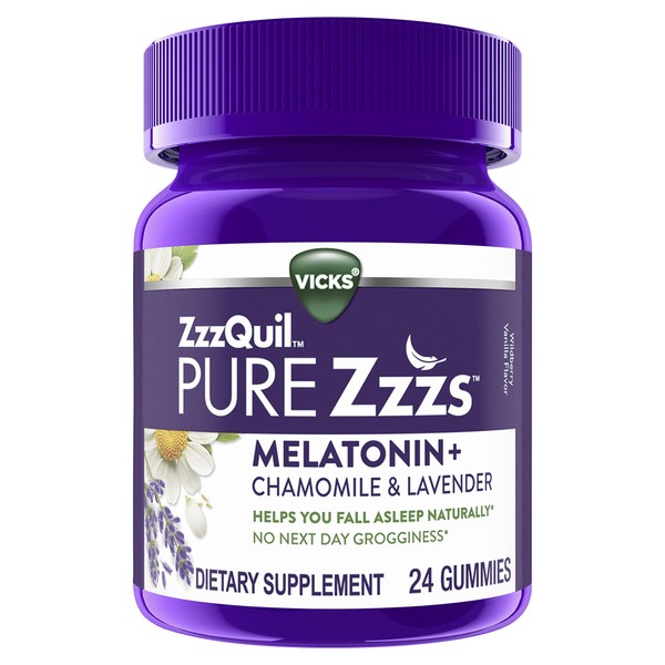 ZzzQuil PURE Zzzs, Melatonin Sleep Aid Gummies with Lavender, Valerian Root and Chamomile, Natural Wildberry Vanilla Flavor, Non-Habit Forming, Drug-Free, 24 Gummies