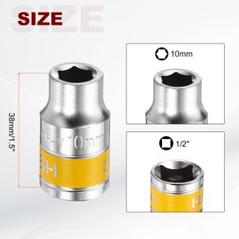 HARFINGTON 2pcs 1/2" Drive 6 Points Socket 10mm Metric Shallow Impact Socket CR-V Steel Flip Socket Spindle Axle Nut Impact Socket for Home Auto Hex Nuts Bolts Repair, Silver Yellow
