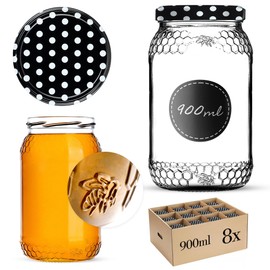 KADAX Honey Jars 900 ml Preserving Jars with fi82 mm Screw Lid Jars for Honey Jam Jars Screw Jars Preserving Jars (Black Polka Dots, Pack of 8)