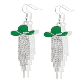 Western Cowgirl Cowboy Hat Earrings for Women Enamel Hat Sparkly Rhinestone Tassel Dangle Earrings Prom Country Concerts Rodeo Outfits Trendy Jewelry Gifts-Green