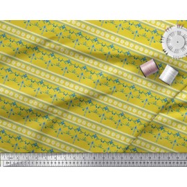 Soimoi Yellow Rayon Fabric Stripe,Floral & Filigree Damask Print Sewing Fabric BTY 56 Inch Wide