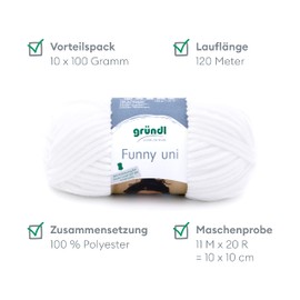 Gründl Funny uni Knitting & Crochet Yarn (Velvety Chenille Yarn Made of 100% Polyester, 100 g/120 m, Needle Size: 5-6, 1 x 100 g), White