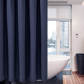 Waffle Shower Curtain with Metal Shower Curtain Rings Fabric Textile Bath Curtain Anti-Mould Bathroom Curtain Waterproof Bath Curtain Heavy Shower Curtain Bathroom - 92 x 182 cm (Navy Blue)