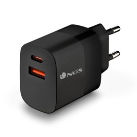 NGS BUD 33W Ultra Fast Wall Charger with 2 USB-C Ports (PD & PPS 33W) USB-A (QC 3.0 18W) Compact and Portable for Smartphones Tablets Laptops Fireproof GaN Materials Safe Simultaneous Charging