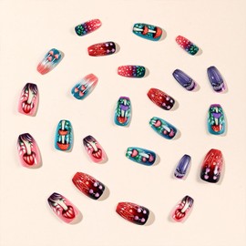 Cute Mushroom Press on Nails for Women Ballerina Long Coffin Nails Colorful Gradient Acrylic Glue on Nail Glossy Artificial Fake Nail