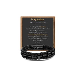JoycuFF Leather Bracelets for Men Gifts from Wife for Husband I Love You Gifts Black Braided Layered Bracelet Anniversary Birthday Retirement Jewelry 7.5 Inches