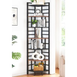 HOMISSUE Corner Shelf, 6 Tier Tall Corner Bookshelf 82.6", Industrial Corner Shelf Stand, Display Corner Shelving Unit with Storage for Home Office Living Room and Bedroom,Brown