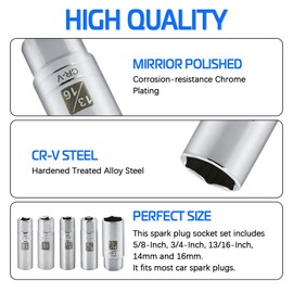 5PCS Magnetic Spark Plug Socket Set Includes 14mm 16mm Thin Wall Socket and 9/16-inch 5/8-inch and 13/16-inch Sockets 3/8-inch Drive Magnet Retains Spark Plugs