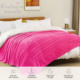 Exclusivo Mezcla Soft Queen Size Blanket, 90x90 Inches Flannel Fleece Blanket, Decorative Geometry Pattern, Lightweight Plush for All Season, Hot Pink