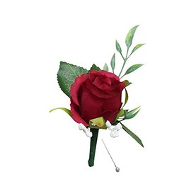 Angel Isabella, LLC Boutonnieres-Rose Baby Breath Frosted Green Artificial Flower Wedding Graduation Event Flower (Red-Burgundy)