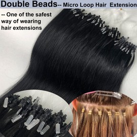GOOFIT Hair Extensions Micro Loop Human Hair Extensions Remy Hair Double Rings - 1g/s 50s/pack - (20" #01 Jet Black)