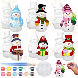 Eersida 6 Set Christmas Snowman Ceramic to Paint Ready to Paint Your Own Christmas Ceramic Snowman Statues Winter Snowman Figurines Unpainted Plaster Arts and Crafts with Brush Palette Paint for Adult
