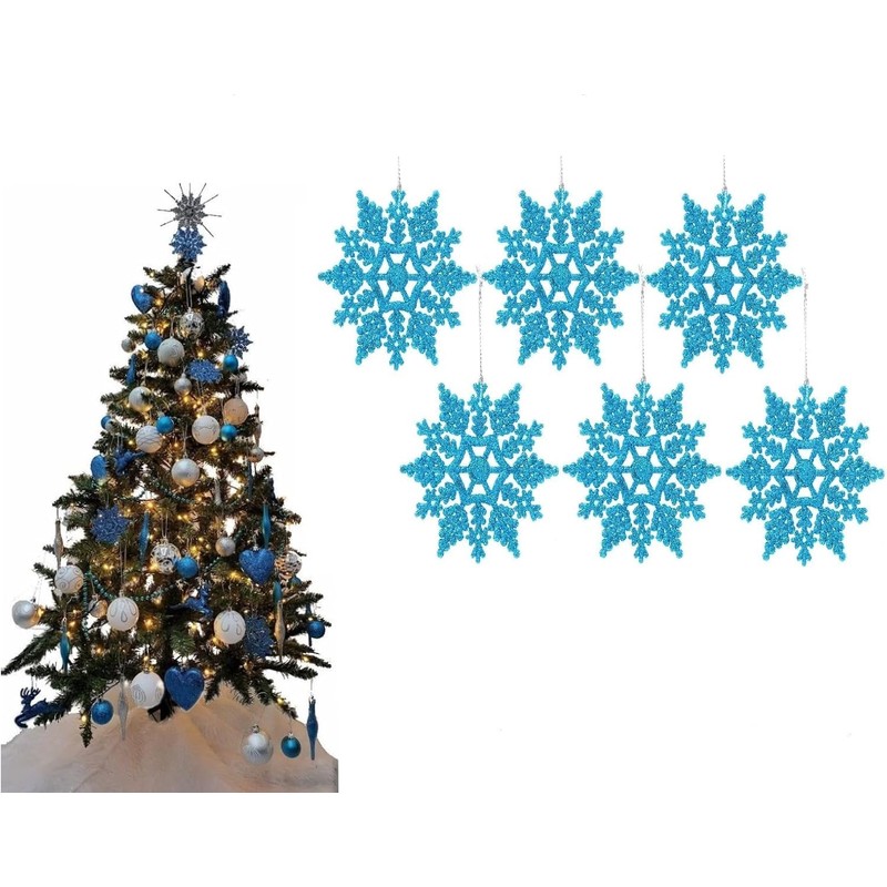 12pk Glitter Snowflake Hanging Decorations, Christmas Tree Snowflake Baubles/Ornaments (Turquoise)