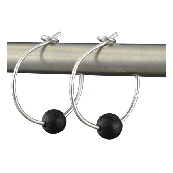 Tiny Black Lava Stone Gemstone & Sterling Silver Hoop Earrings