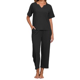 Famulily Loungewear Sets for Women Short Sleeve V Neck Summer 2 Piece Outfits Nightwear Leisure Wear Sleepwear Pajamas (S, Black)