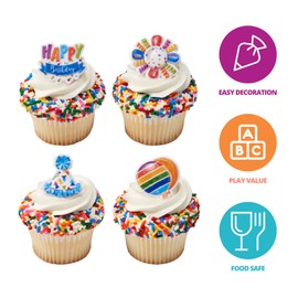 DecoPac Happy Birthday Rings, 24 Cupcake Toppers Featuring Multi-Colored Balloons, Party Hats, Streamers, Bright Colors - 24 Pack