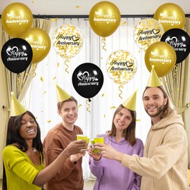 Woosytoo Happy Anniversary Balloons 18Pcs Black Gold Anniversary Party Decorations for Women Men Gold Silver 12Inch Metallic Confetti Anniversary Balloons for Indoor Outdoor Party Supplies