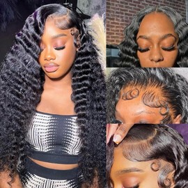 Karlami Deep Wave Lace Front Wigs Human Hair Wet and Wavy Wigs 5x5 HD Lace Closure Wigs Human Hair Glueless Pre Plucked 180% Density Wig (5X5 Black, 20 inch, Deep Curly)