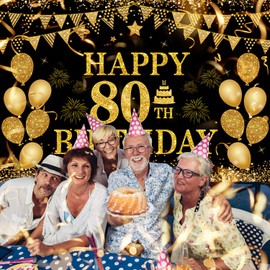 80th Birthday Decorations for Men Women - Happy 80th Birthday Banners Decorations Black Gold 80 Years Birthday Party Favor Backdrop for 80th Birthday Party Sign Decor (71 x 45 inch)