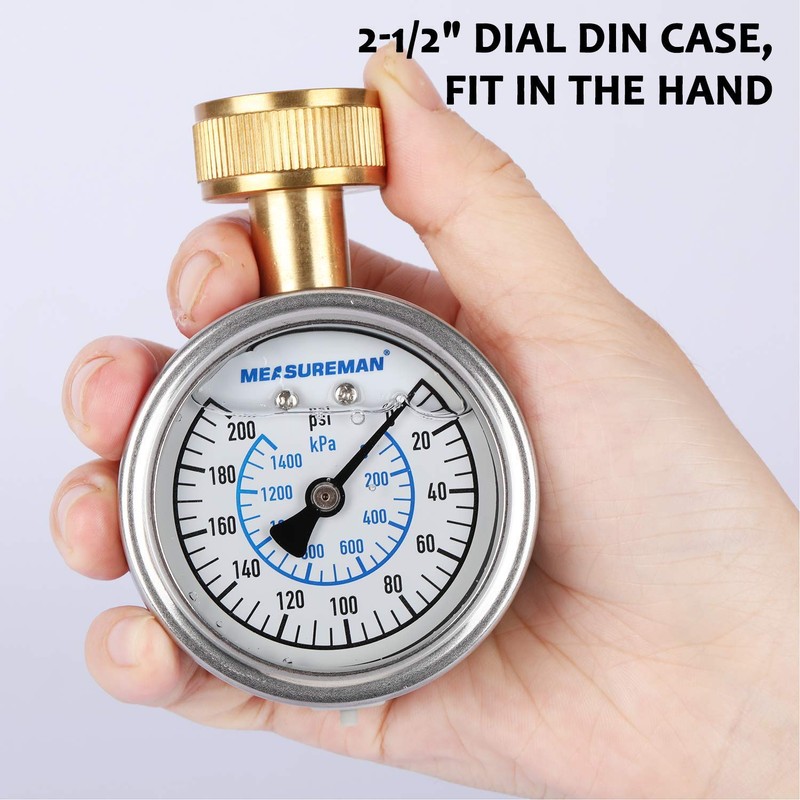 MEASUREMAN 2-1/2" Glycerin Filled Stainless Steel Water Pressure Test Gauge,