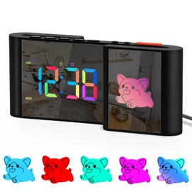 Alarm Clock,Alarm Clocks Bedside with Cute Cartoon,7.2''Large Mirror Clock,11 Colors Digital,10 Color RGB Cartoon,Week Display,Auto Dimming,Dual Alarms,USB Port,5 Levels Volume for Bedroom Table Decor