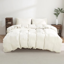 100% Pure Linen Duvet Cover Set - Soft, Breathable & Durable with Button Closure and Corner Ties, Natural Washed French Flax (3P-Cream White, 1Duvet Cover + 2Pillowcases - Full/Queen)