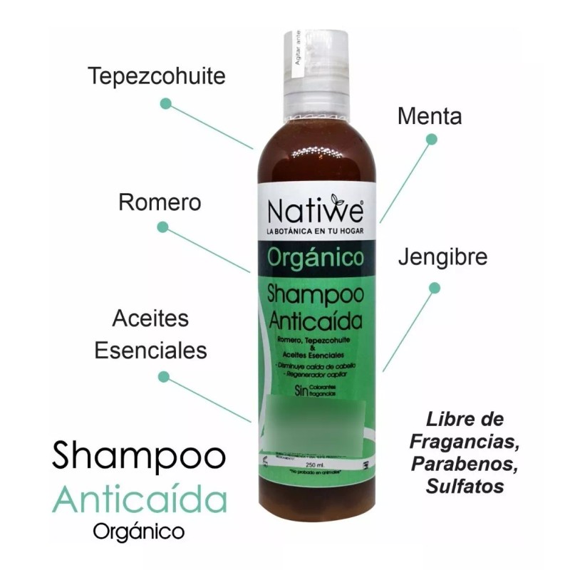Natiwe Botanica Shampoo Anticaída De Romero, Tepezcohuite, Bergamota 250 Ml