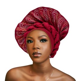 Fashion Asoke Gele Headties Nigerian For Women, Auto Gele Headties African Aso Oke Headgear For Wedding Party (Red)