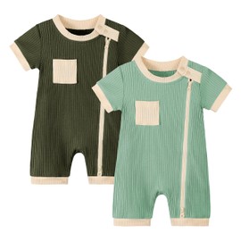 Volunboy Baby Boys' Short-Sleeved Jumpsuit Romper (Pack of 2) with Zip Bodysuit Romper, Green