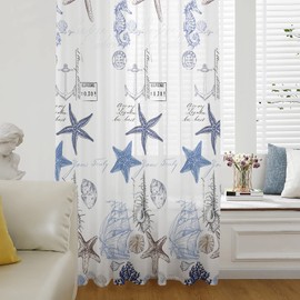 Ocean Starfish Window Curtains 84 Inches Long,Nautical Beach Semi Sheer Rod Pocket Chiffon Curtains Drapes Drapery Voile Draperies Treatment for Living Room,Retro Blue Seahorse Anchor Shell Coral