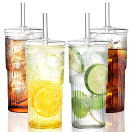4PCS Glass Cups with Lids and Glass Straws, 20OZ Iced Coffee Cups, Home Essential and Coffee Bar Accessories Borosilicate Glass Tumblers with Lid and Straw for Beer, Cocktail, Tea and Latte, Clear