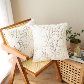 LIGICKY Set of 2 Fluffy White Faux Fur Pillow Covers with Gold Branches Glitter Printed Throw Pillows Decorative Soft Furry Sparkling Square Cushion Cases for Sofa Bedroom Party Décor, 12 x 12 inch