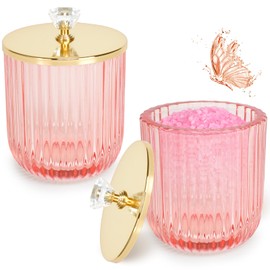 2PCS Qtip Holder Dispenser Set, Cute Glass Apothecary Jars with Lid, Pink Cotton Ball Pad Round Container Holders and Vanity Canister Storage Jar for Makeup Sponges, Floss, Hair Accessories