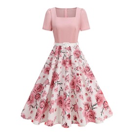 50s Style Dresses for Women Vintage Short Sleeve Square Neck Swing 1950s Midi Dress 50s Pin Up Rockabilly Retro Audrey Hepburn Church Dresses Cocktail Evening Tea Party Dress Pink Floral S