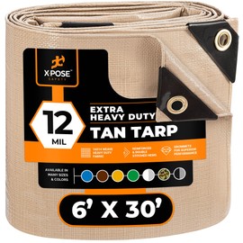 Heavy Duty Tan Poly Tarp 6' X 30' - Multipurpose Protective Cover - Durable, Waterproof, Weather Proof, Rip and Tear Resistant - Extra Thick 12 Mil Polyethylene - by Xpose Safety
