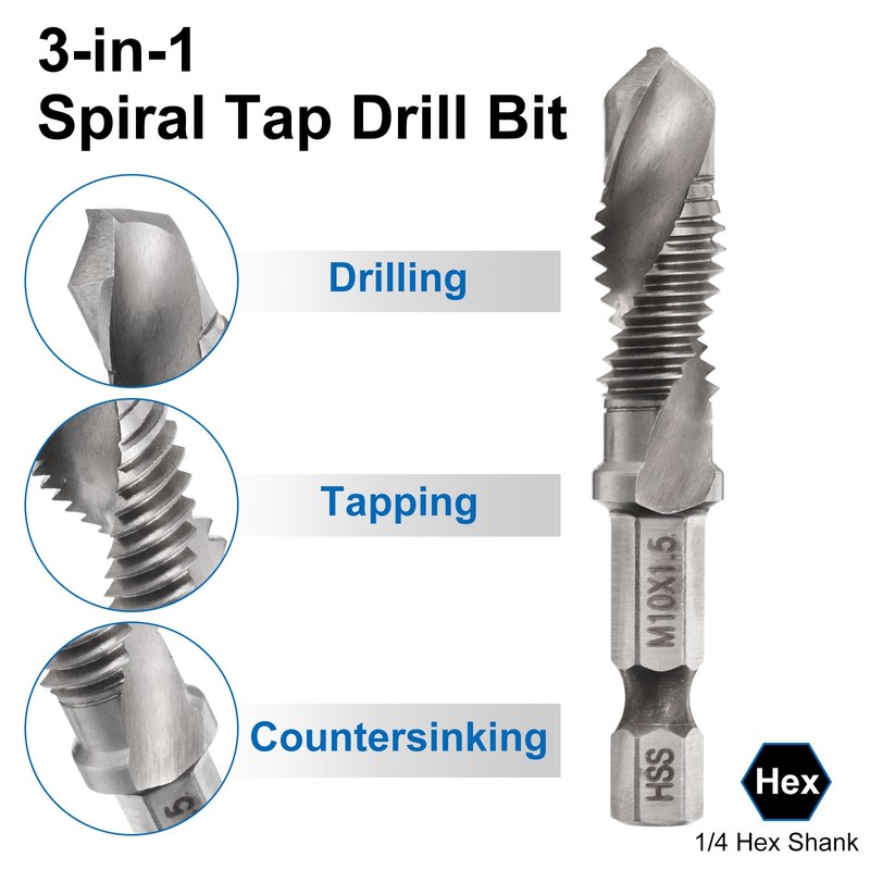 sourcing map Combination Drill and Tap Bit, Metric M10 x