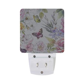 2 Pack Plug-in LED Night Light Lamp Watercolor Flowers and Butterflies Printing with Dusk to Dawn Sensor for Bedroom, Bathroom, Hallway, Stairways, 0.5W