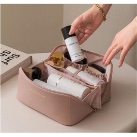 Large Capacity Travel Cosmetic Bag - Portable Makeup Bags for Women Waterproof PU Leather Checkered Makeup Organizer Bag with Dividers and Handle,Toiletry for Cosmetics(Pink)