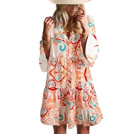 Opemiby Summer Dresses for Women 2025 Flowy Ruffle 3/4 Sleeve V Neck Tiered Casual Babydoll Boho Beach Mini Dress Orange XL