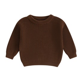 Pivanzore Baby Girl Boy Toddler Knit Sweater Cute Round Neck Long Sleeve Blouse Pullover Oversized Sweatshirt Warm Kids Tops Bronze