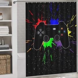 TKUYO Gaming Shower Curtain, Colorful Graffiti Game Controller Gamer Video Gamepad Cooling Funny Kids Boys Teen Waterproof Fabric Bathroom Shower Curtain Set with Hooks, 72"x72" Inch