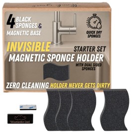 Invisible Magnetic Sponge Holder for Kitchen Sink Caddy with Magnetic Sponge Set 4 Dual-Sided Large Magnet Dish Scrubber (Clutter Organizer) by Mustache Dad