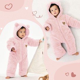 JiAmy Baby Winter Snowsuit, Toddler Bear Hood Fold-Over Mittens Booties Jumpsuit Toddler Warm Fleece Romper Girls Boys Warm Outfits0-3 Months