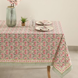 Labhanshi Indian Block Print Table Cloth-Floral Handmade Cotton Rectangle Tablecloth 72x108 Inch|Easter Spring Festive Valentine Day Decor| 8-Seater St.Patrick Decorative Table Cover|Pink Green