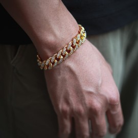 Halukakah Miami Cuban Men Iced Out Chain, 15/20 mm Men Gold Chain, 18 Carat Real Gold-Plated/Platinum Plated, White Gold Necklace, Bracelet, Full Cubic Zirconia Diamond Cut Prong Set, Gift For Him, Gold Plated